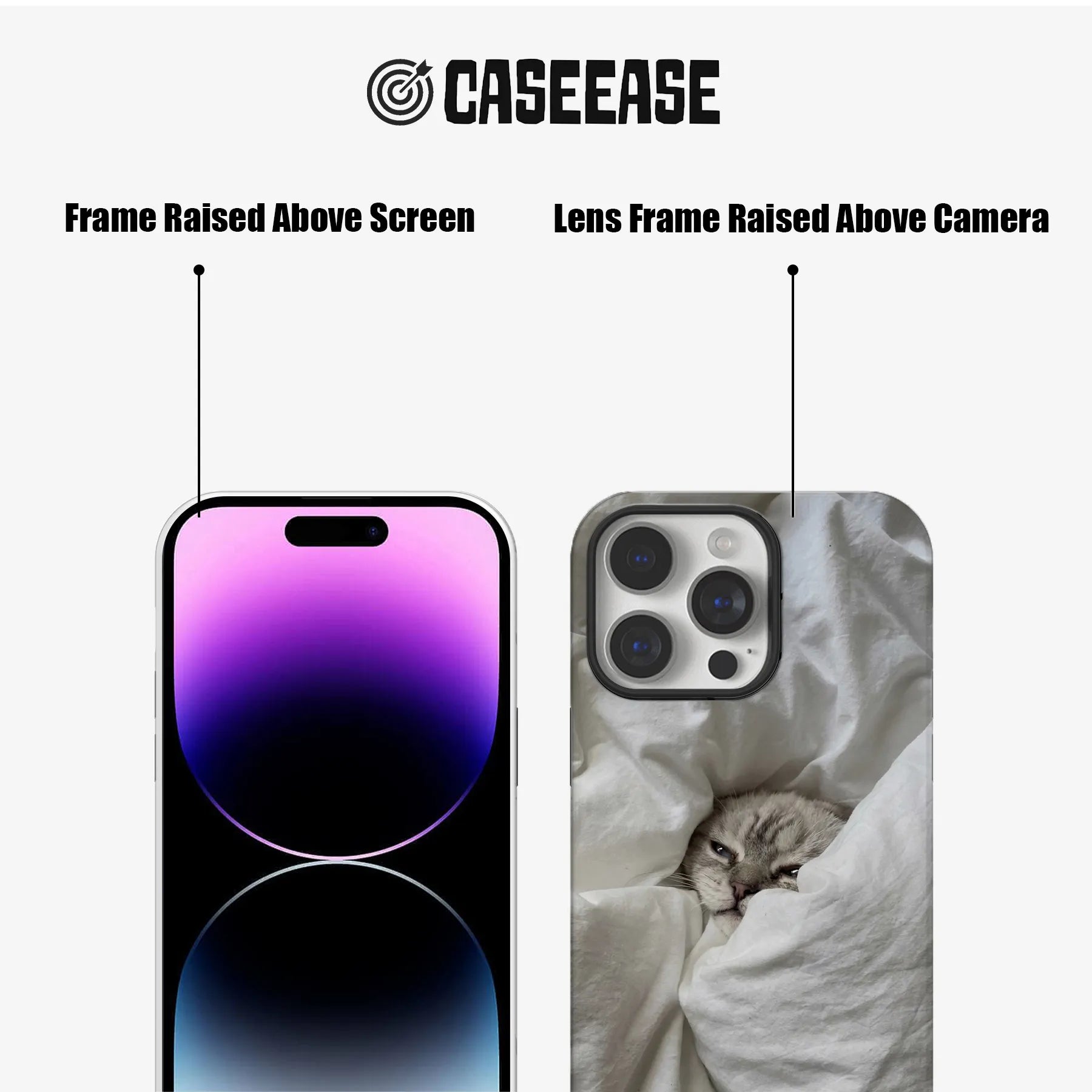 CASEEASE gray cat phone case front and rear close-up with raised black screen and camera frames