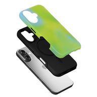 Green and blue gradient phone case above black case on silver phone, angled product display