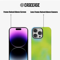 Green gradient phone case front and back showing raised screen and camera frames