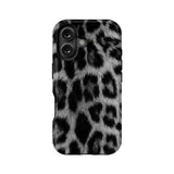 Black and gray leopard print phone case shown from rear product angle