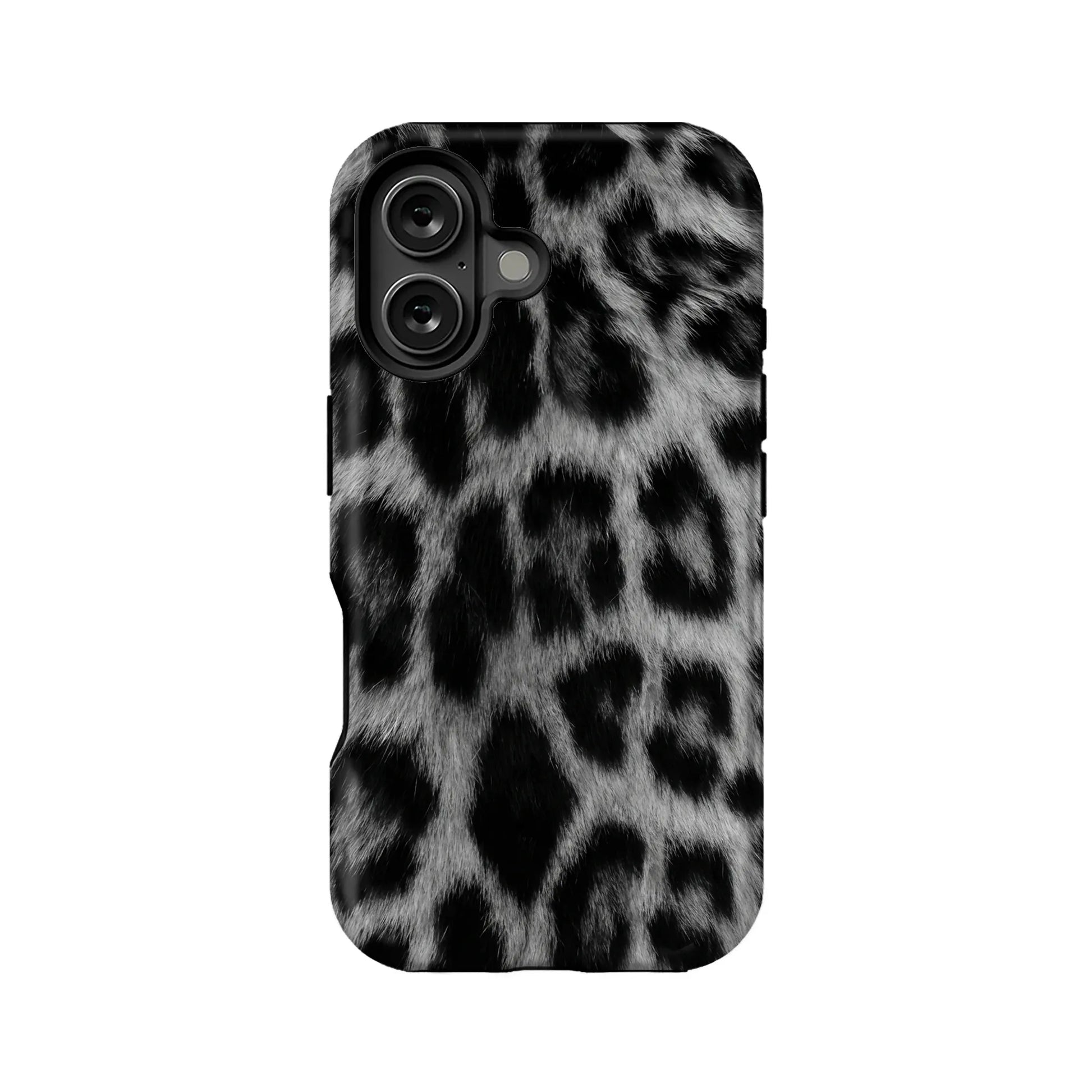 Black and gray leopard print phone case shown from rear product angle