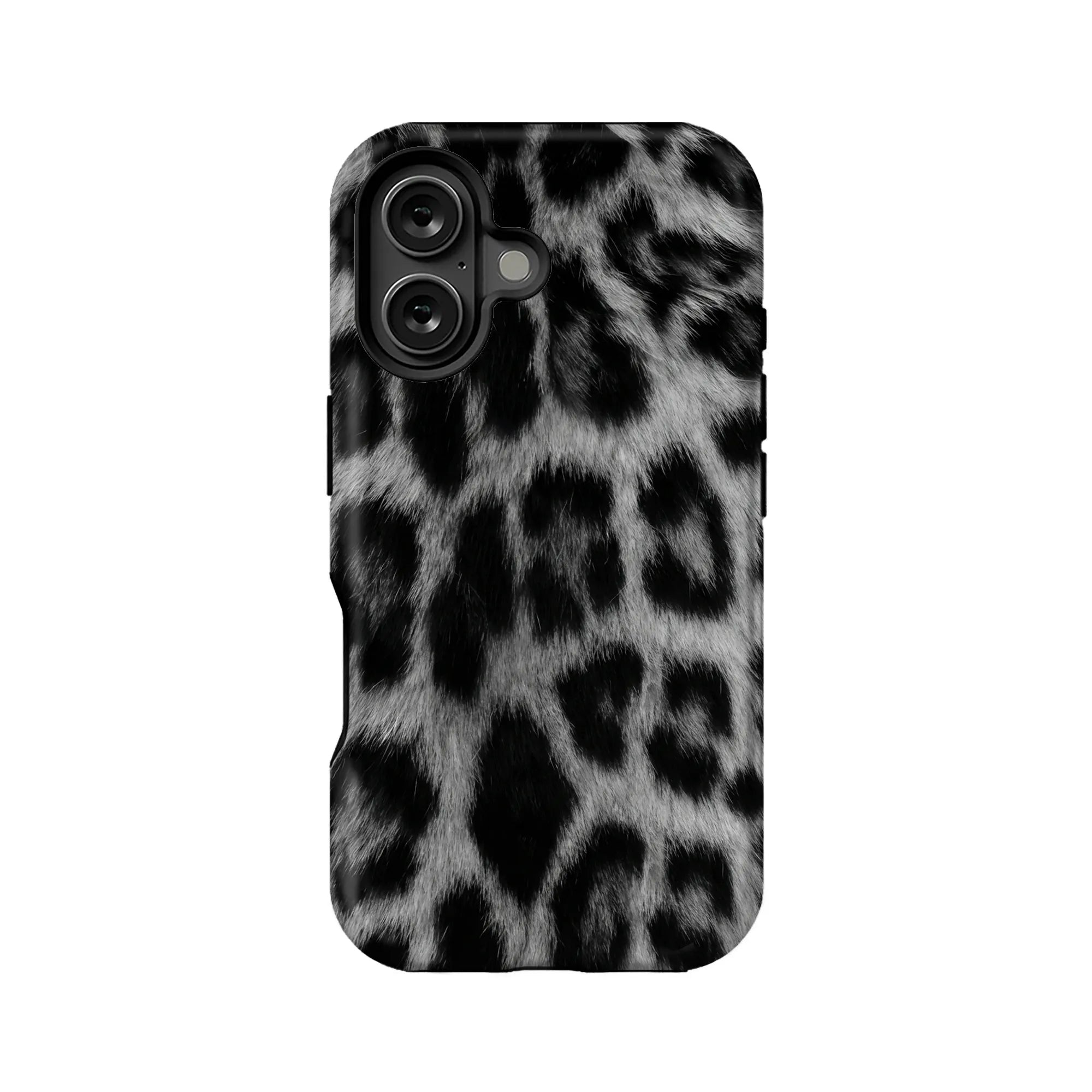Black and gray leopard print phone case shown from rear product angle