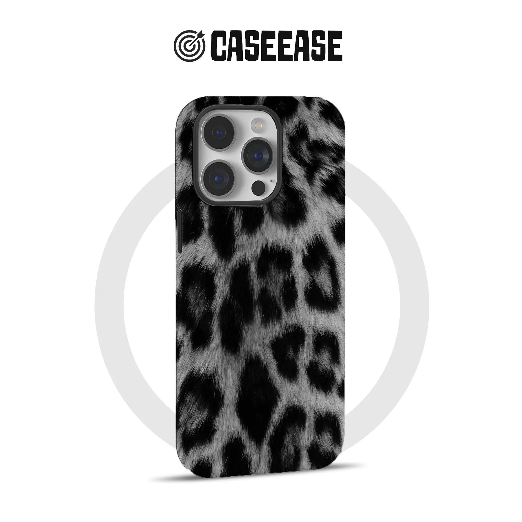 Black and gray leopard print phone case shown from rear angle for Shopify store