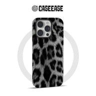 Black and gray leopard print phone case shown from rear angle for Shopify store