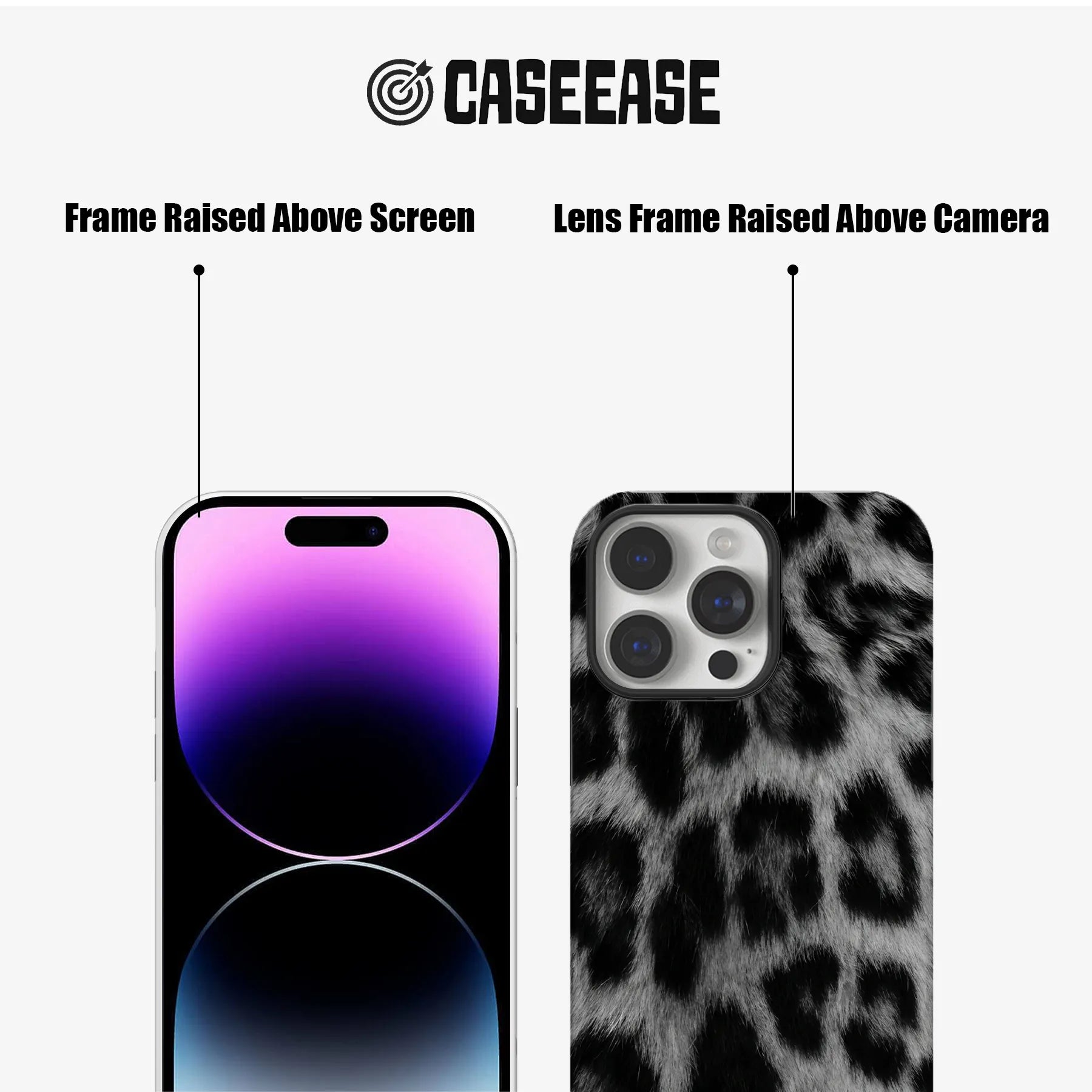 Black and white leopard print phone case front and rear views with raised bezels