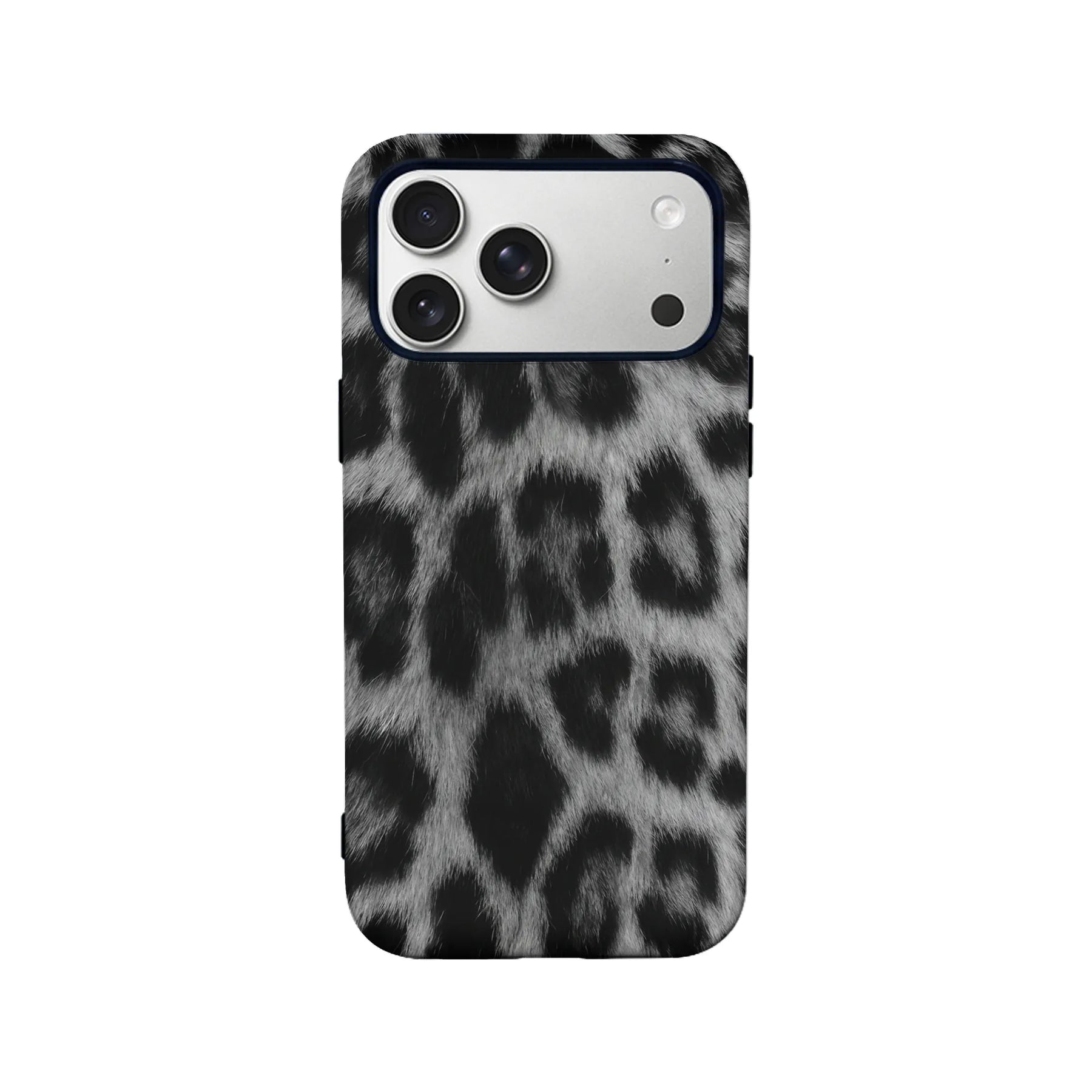 Black and gray leopard print plastic phone case shown from rear product angle