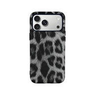 Black and gray leopard print plastic phone case shown from rear product angle
