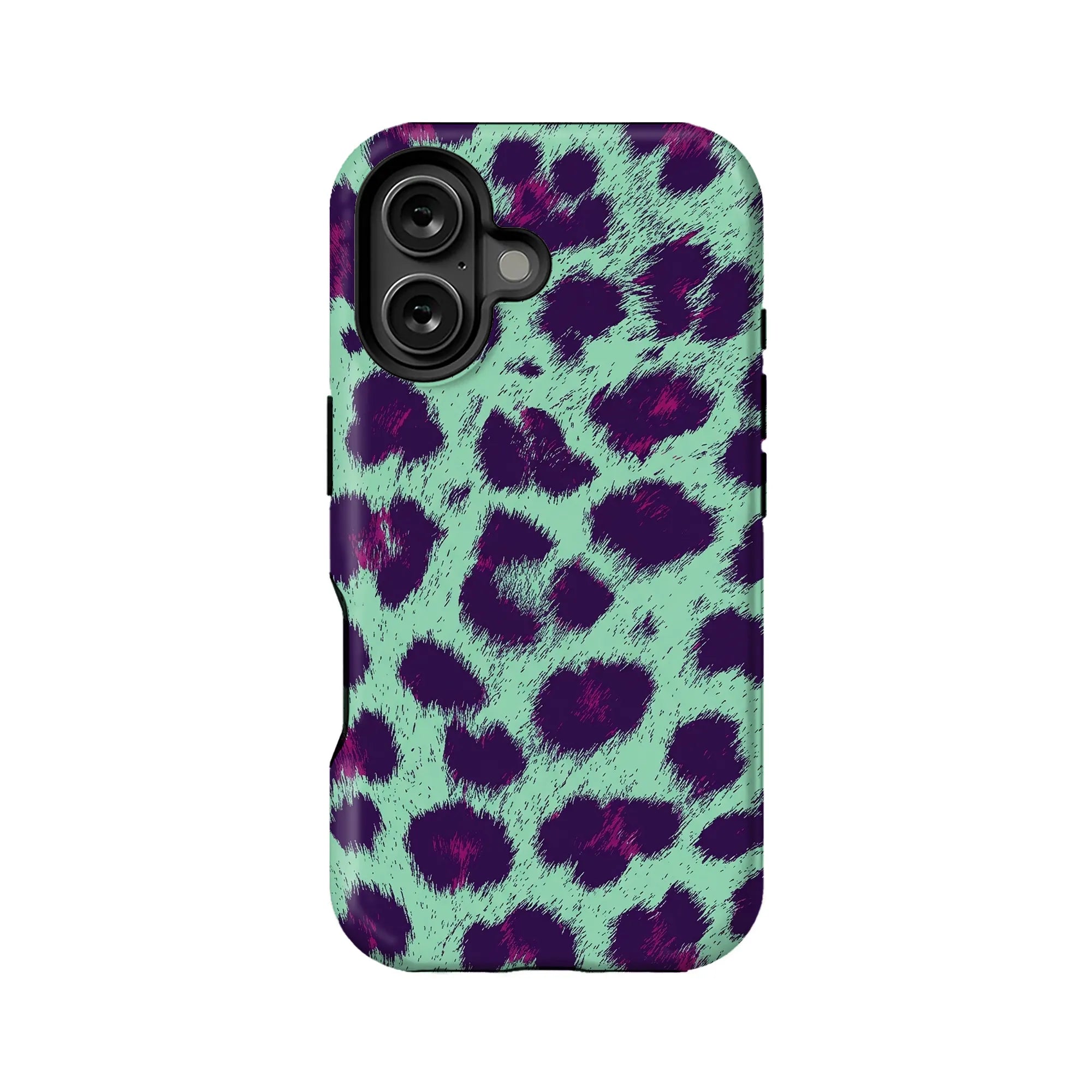 Mint green and purple leopard print phone case shown from back for Shopify product