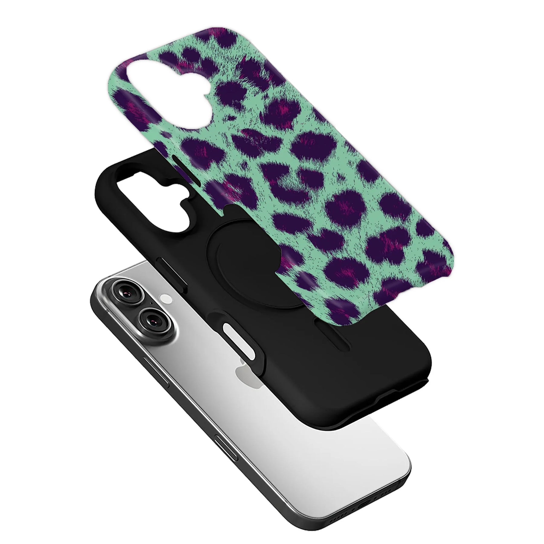 Mint green and purple leopard print phone case shown angled above black liner and smartphone
