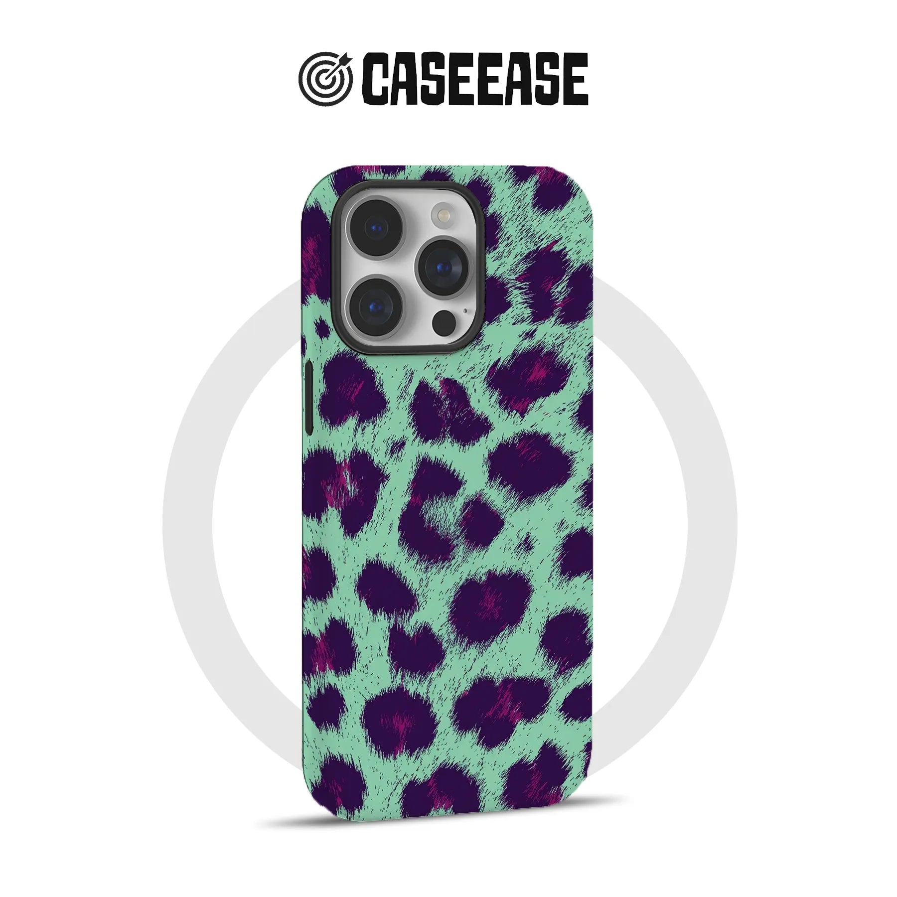 Mint green leopard print iPhone case with purple spots, rear product angle