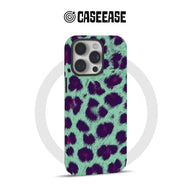 Mint green leopard print iPhone case with purple spots, rear product angle