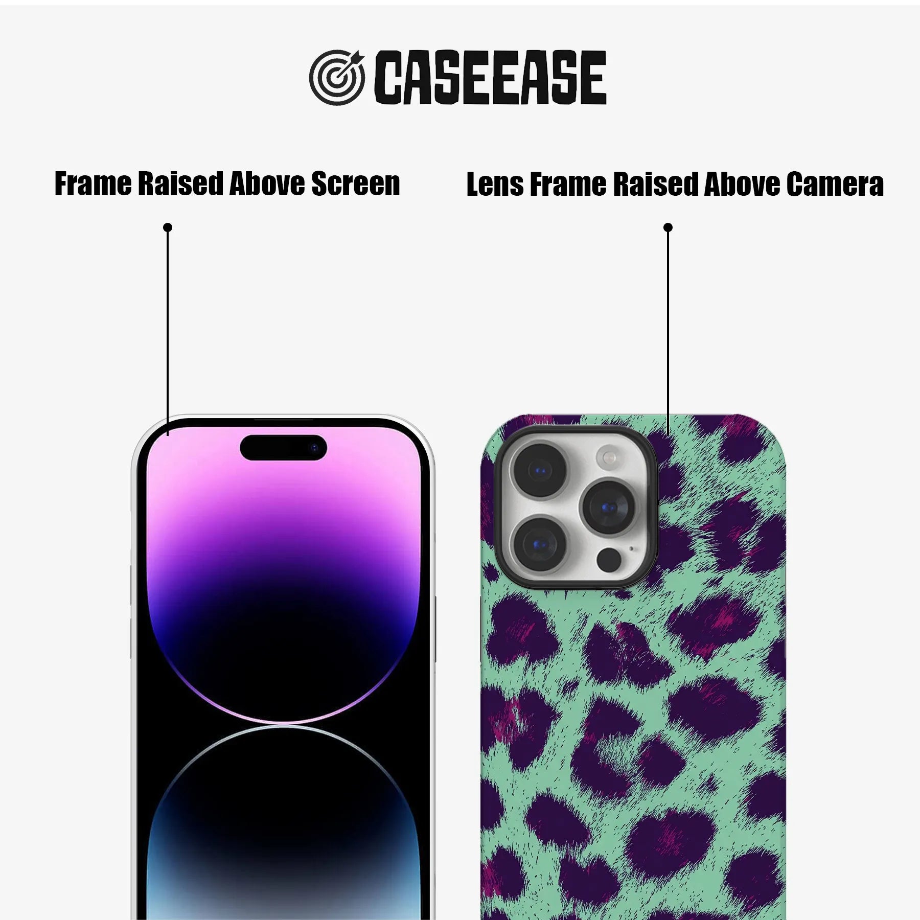 Mint and purple leopard phone case angled back with raised camera frame detail