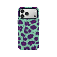 Mint green and purple leopard print phone case, rear view on smartphone