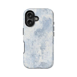 Light blue distressed stone pattern phone case, rear product angle with camera cutout