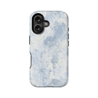 Light blue distressed stone pattern phone case, rear product angle with camera cutout