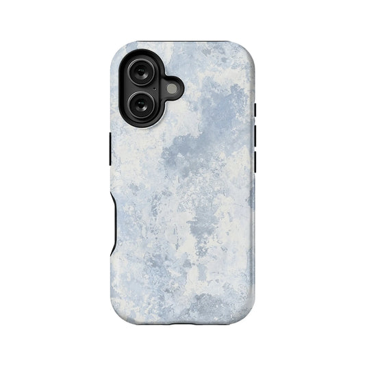 Light blue distressed stone pattern phone case, rear product angle with camera cutout