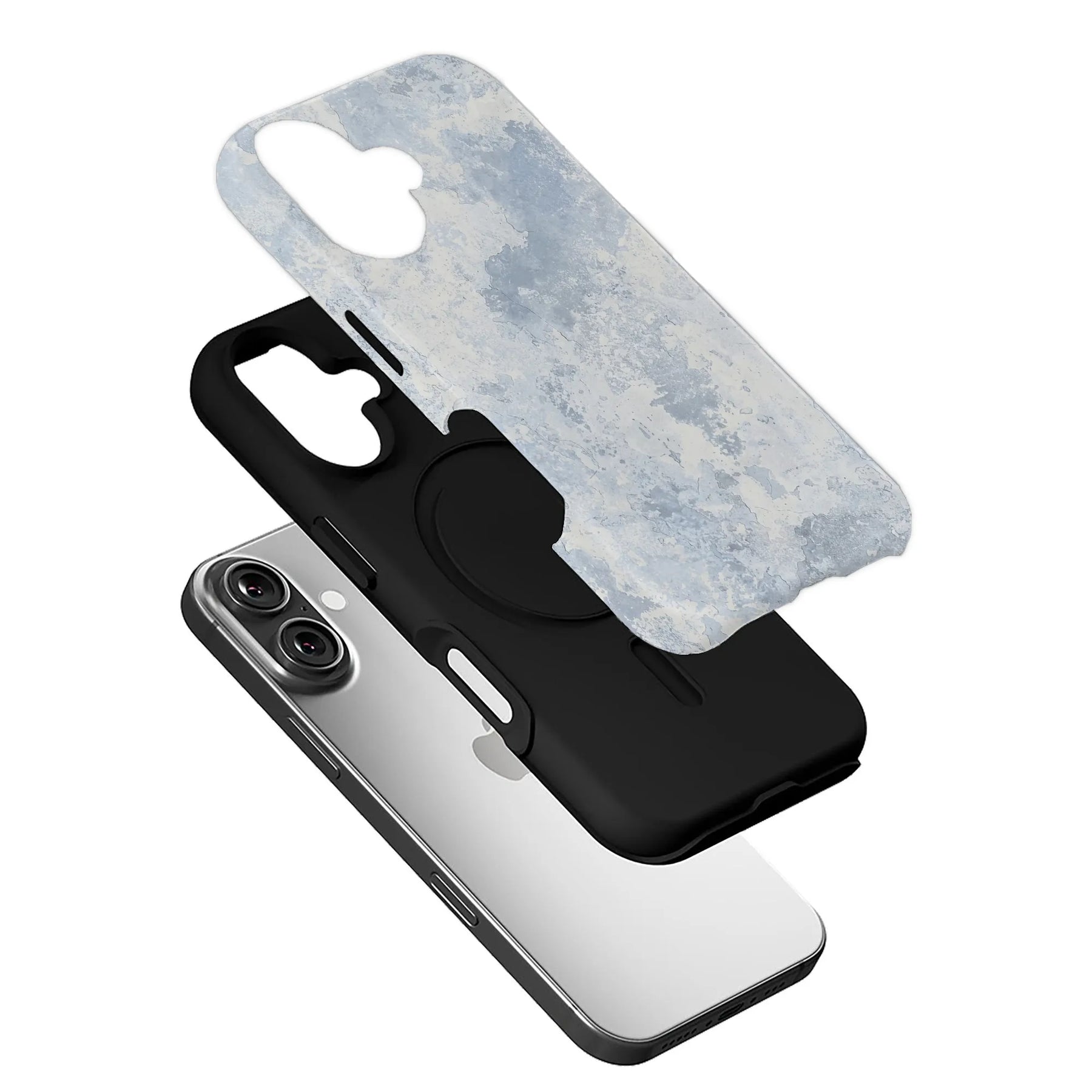 Blue marbled phone case with black inner shell shown in exploded angle