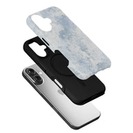 Blue marbled phone case with black inner shell shown in exploded angle