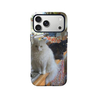 Glossy cat print phone case with black edges, rear angle for smartphone accessory