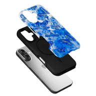 Blue butterfly patterned phone case with black inner layer, exploded angled product view