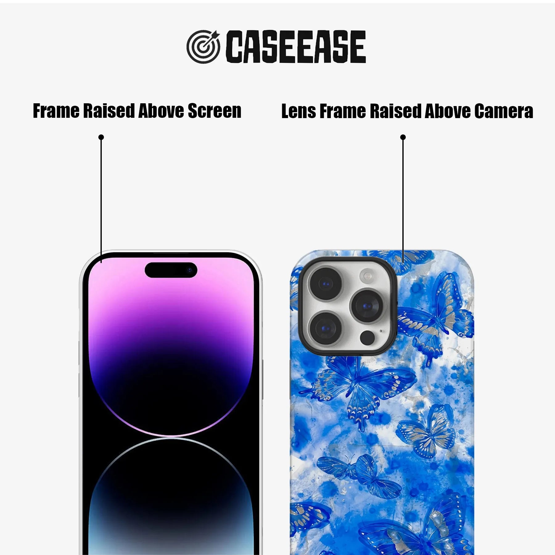 Blue butterfly phone case back and front angle showing raised screen and camera frames