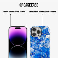 Blue butterfly phone case back and front angle showing raised screen and camera frames