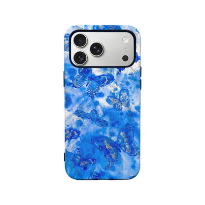 Blue watercolor butterfly phone case, rear angle with triple camera cutout