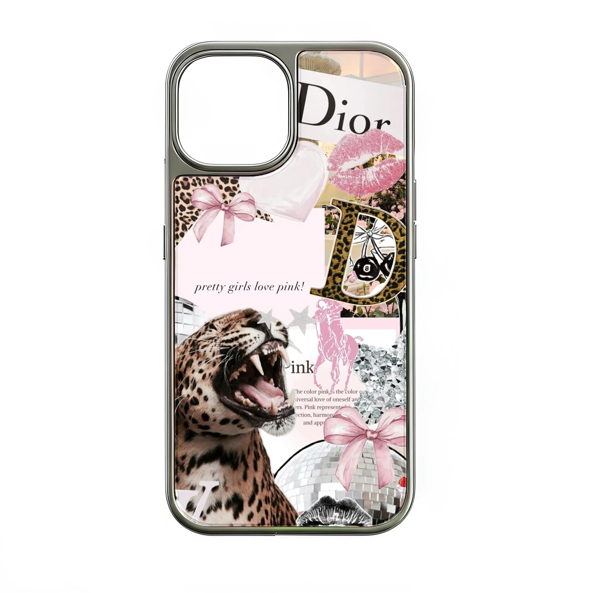 Silver phone case rear view with pink leopard collage, bows, lips, and jaguar