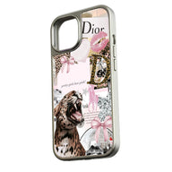 Silver framed phone case with pink Dior collage, leopard and bows, angled rear view
