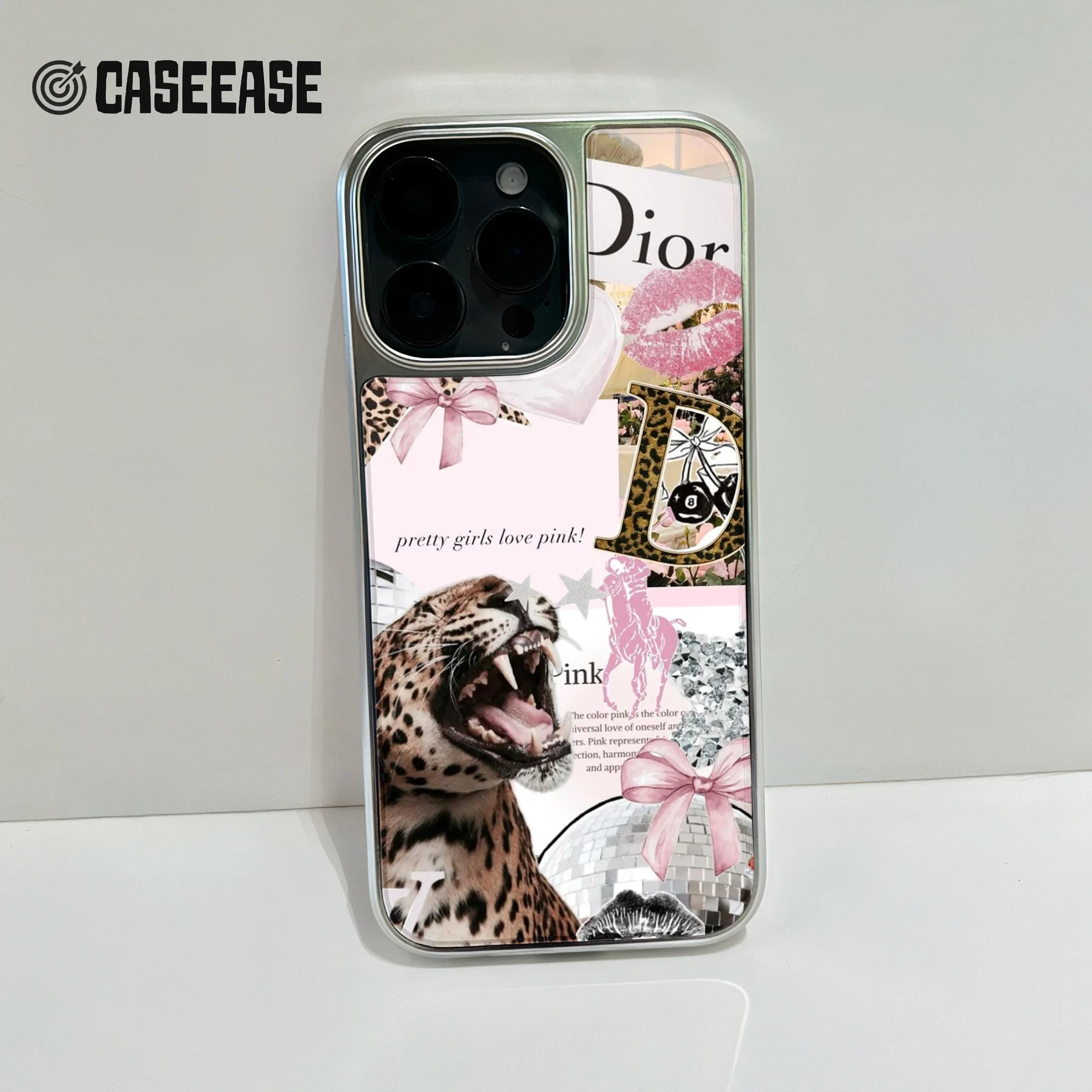 Silver phone case with pink leopard collage design, rear camera close-up angle