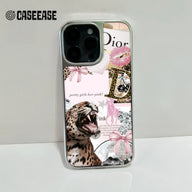 Silver phone case with pink leopard collage design, rear camera close-up angle