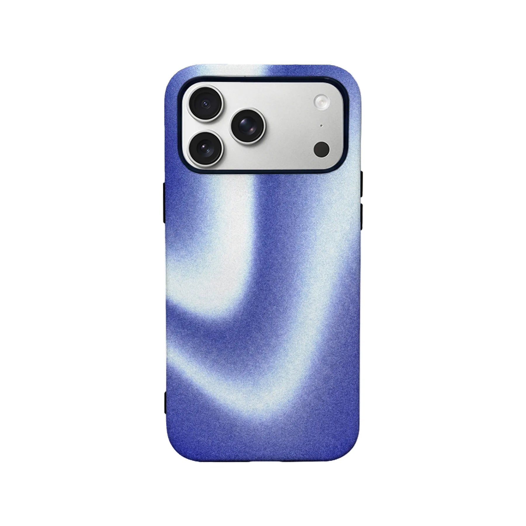 Blue and white abstract phone case shown from back with camera cutout