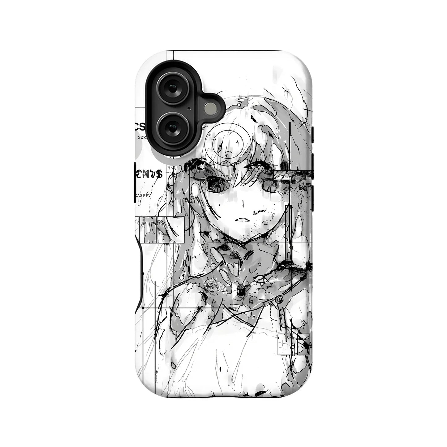 White phone case with black anime sketch design, rear angle product shot