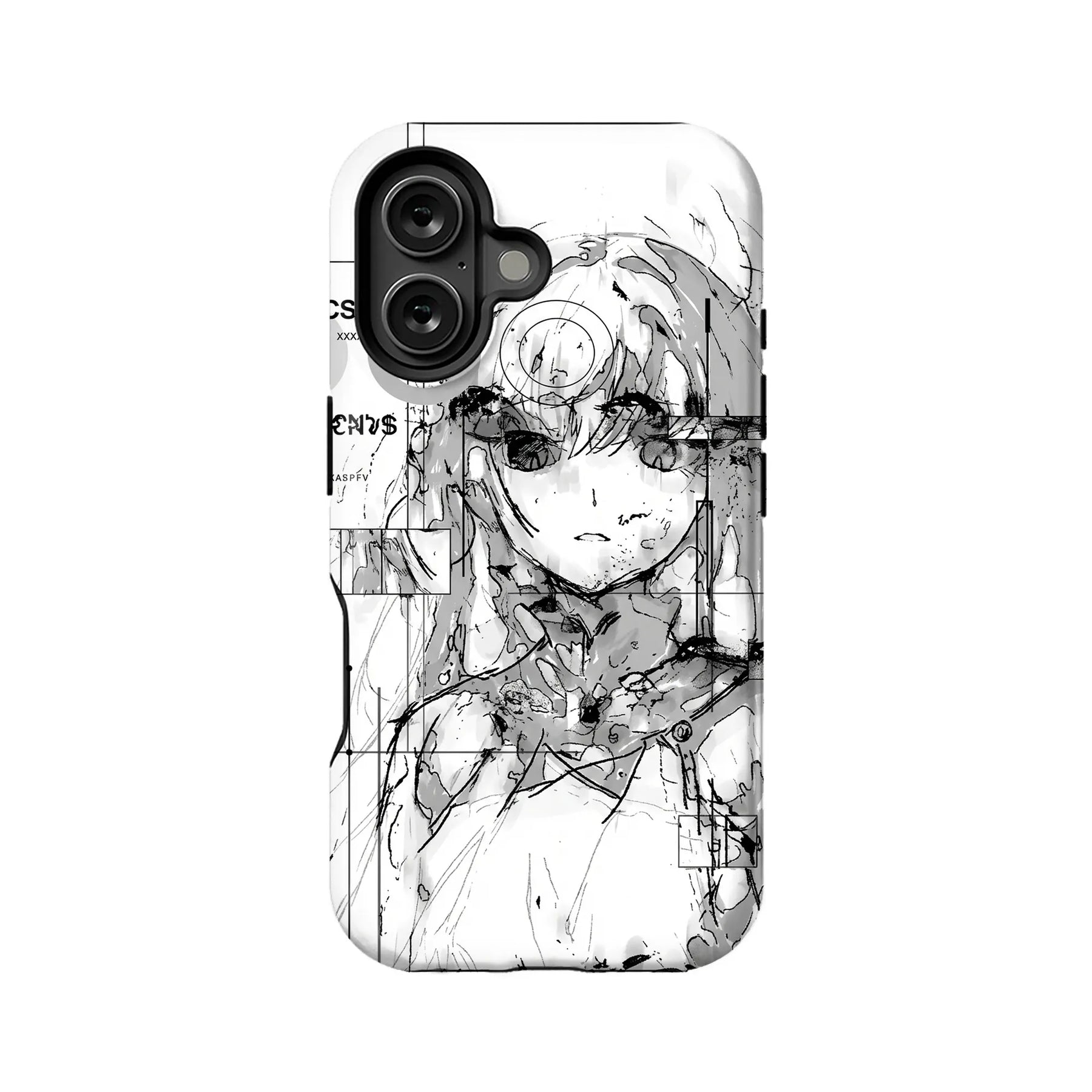 White phone case with black anime sketch design, rear angle product shot