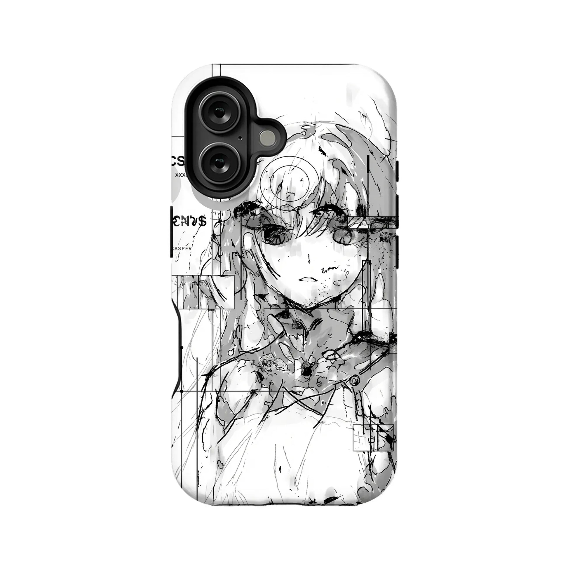 White phone case with black anime sketch design, rear angle product shot
