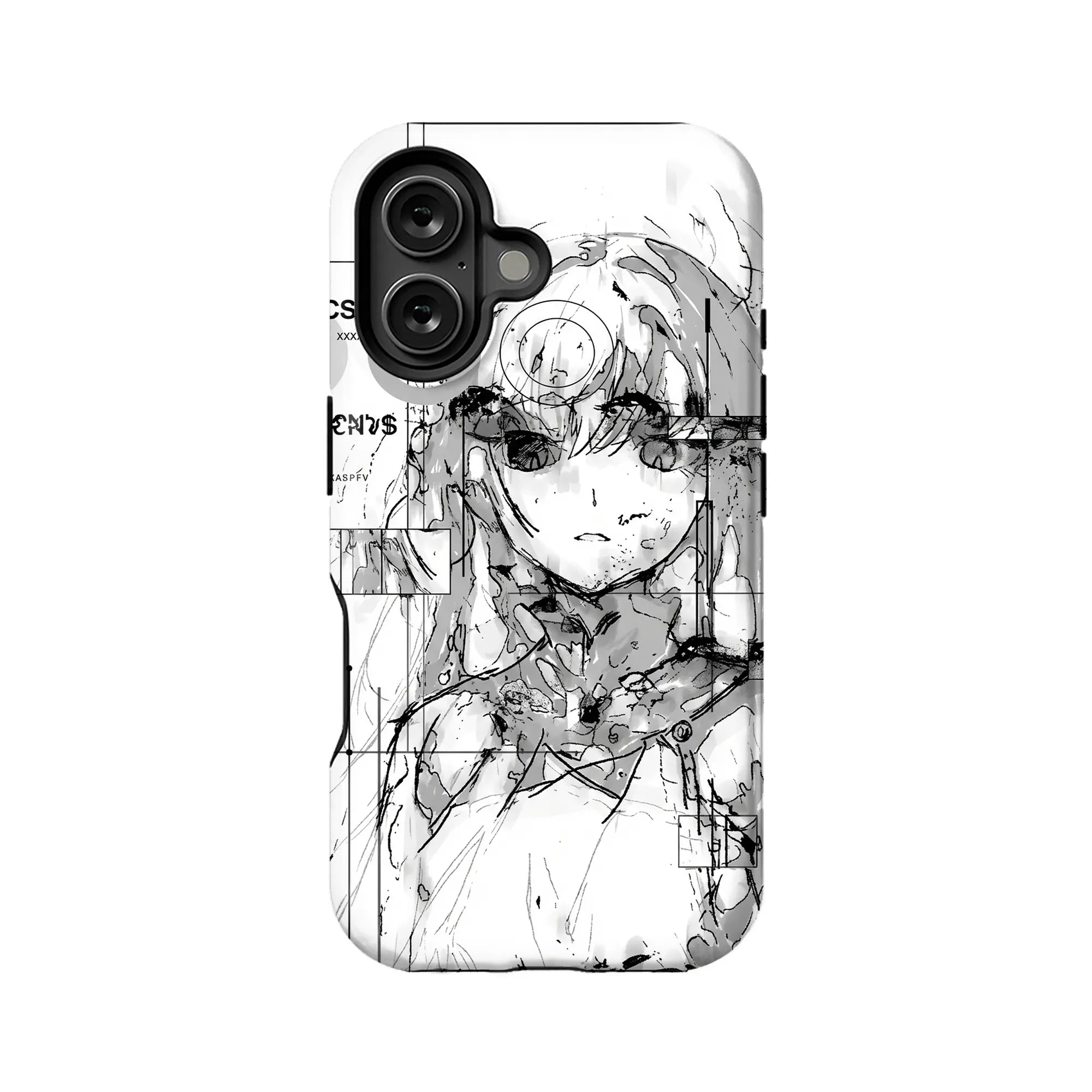 White phone case with black anime sketch design, rear angle product shot