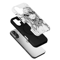 Black phone case with white anime sketch design, exploded angle over silver smartphone