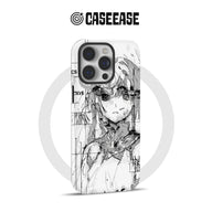 White CASEEASE phone case with black anime sketch design, rear angled product view