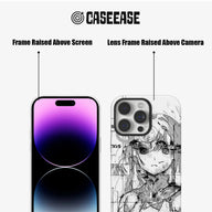 Clear black anime sketch phone case front and back angles showing raised bezels
