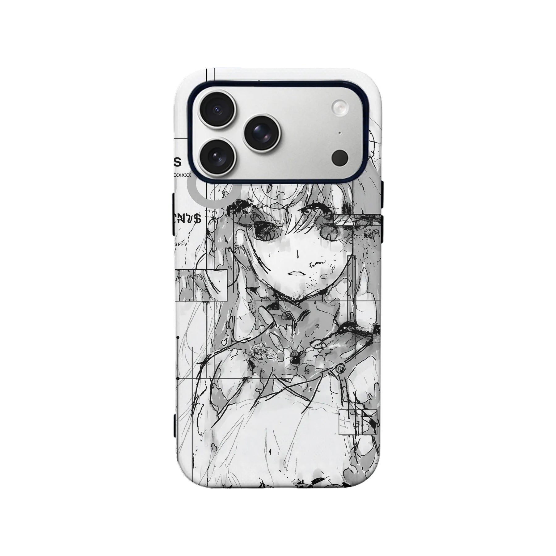 White phone case with black anime sketch design, rear view with camera cutout