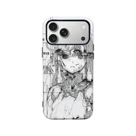 White phone case with black anime sketch design, rear view with camera cutout