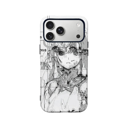 White phone case with black anime sketch design, rear view with camera cutout