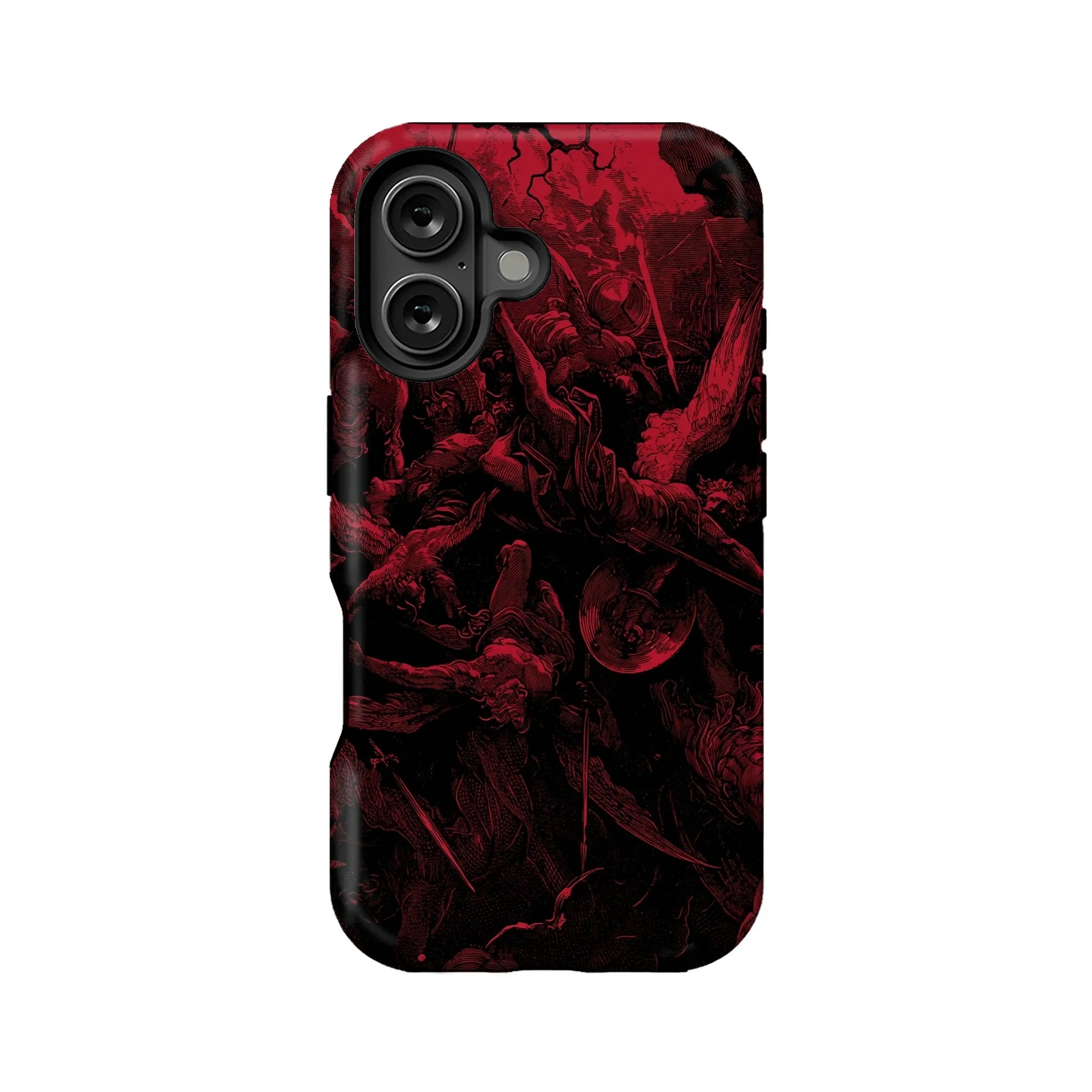 Black phone case with red gothic battle artwork, rear product view