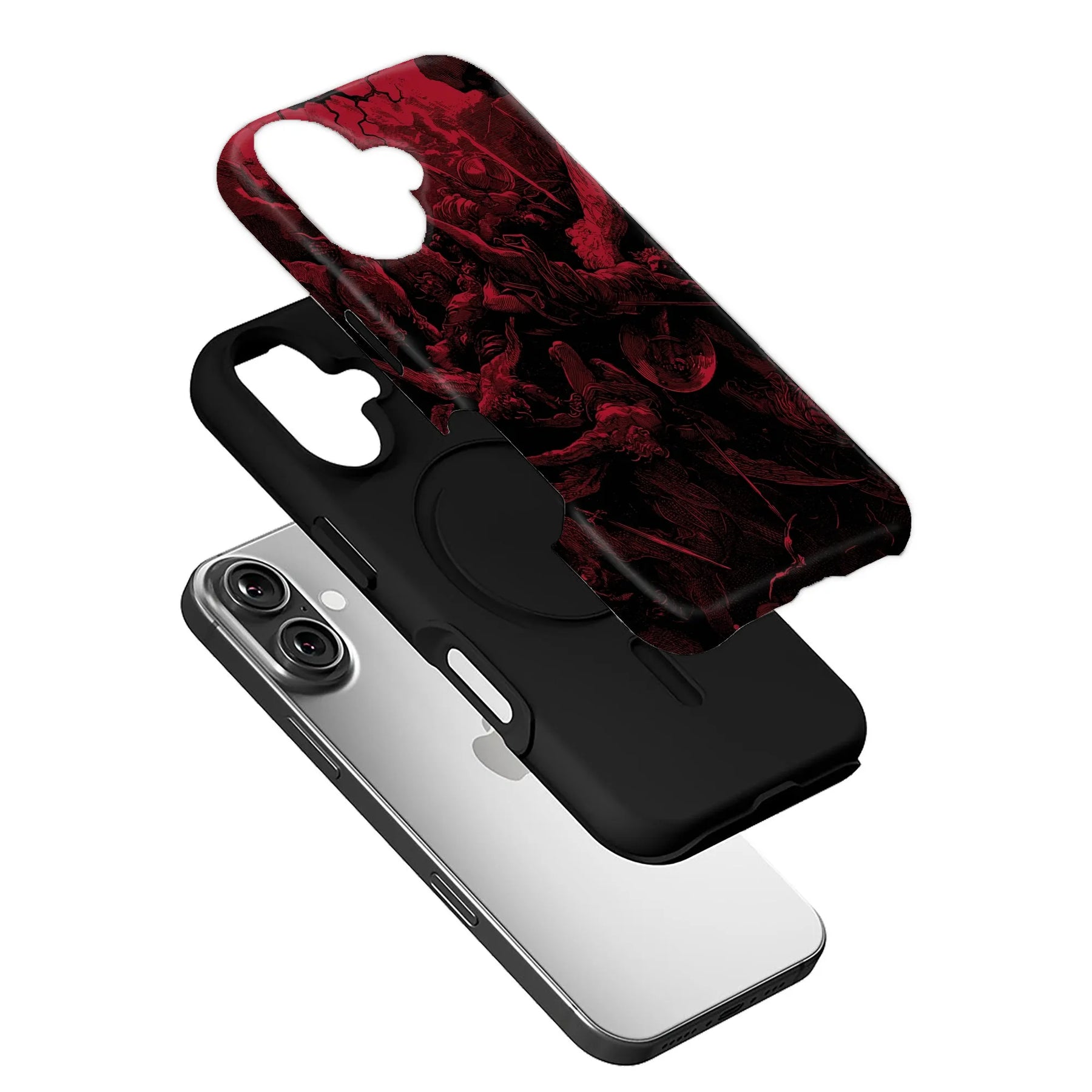 Red and black illustrated phone case shown exploded above smartphone at angled product perspective