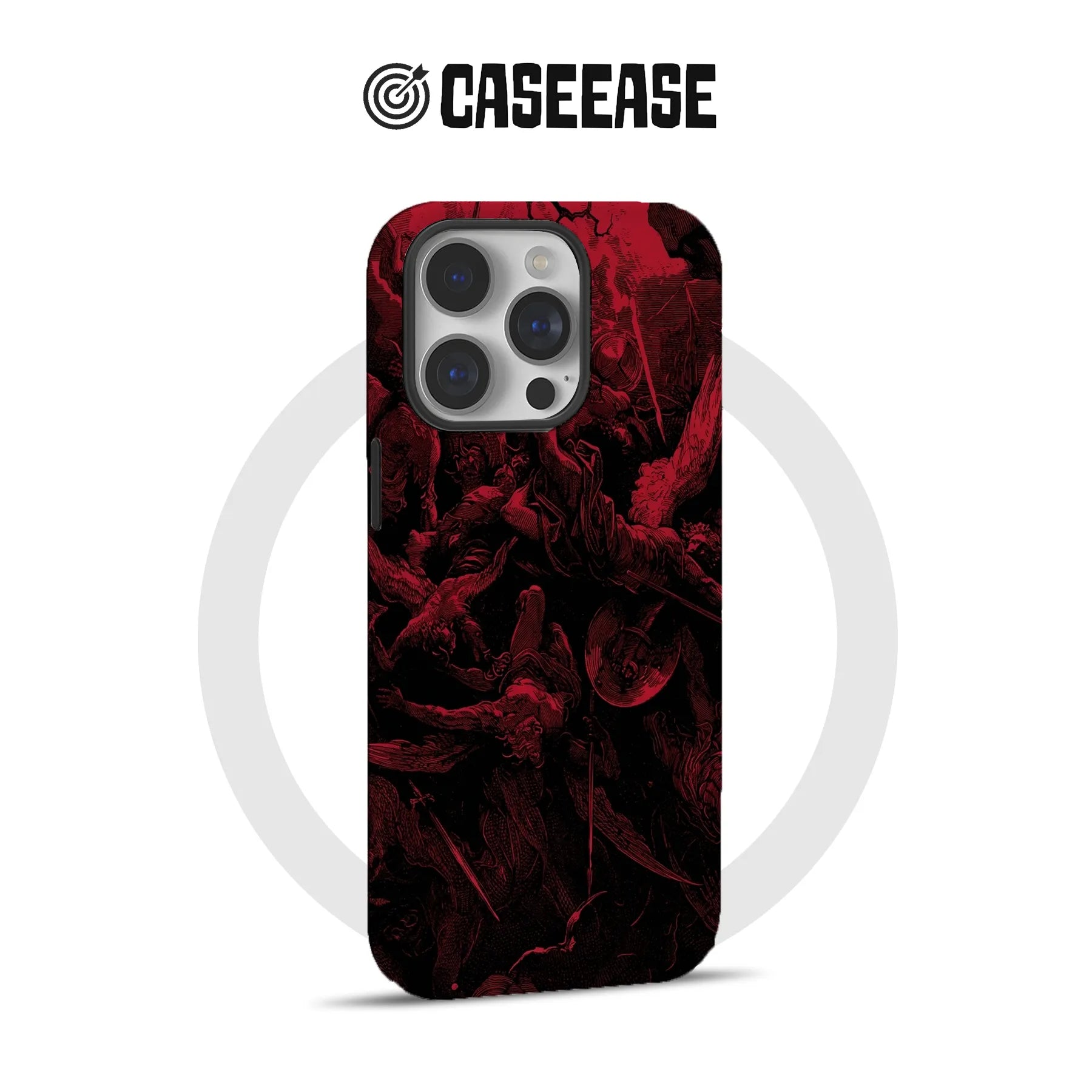 CaseEase black and red dark illustrated iPhone case, rear product angle