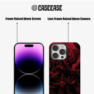 Red and black illustrated phone case front and back close-up with raised screen and camera frames