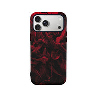 Black and red gothic illustrated phone case, rear view with triple camera cutout