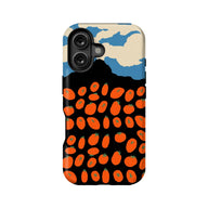 Black phone case with orange tomato pattern and blue cream landscape, rear view