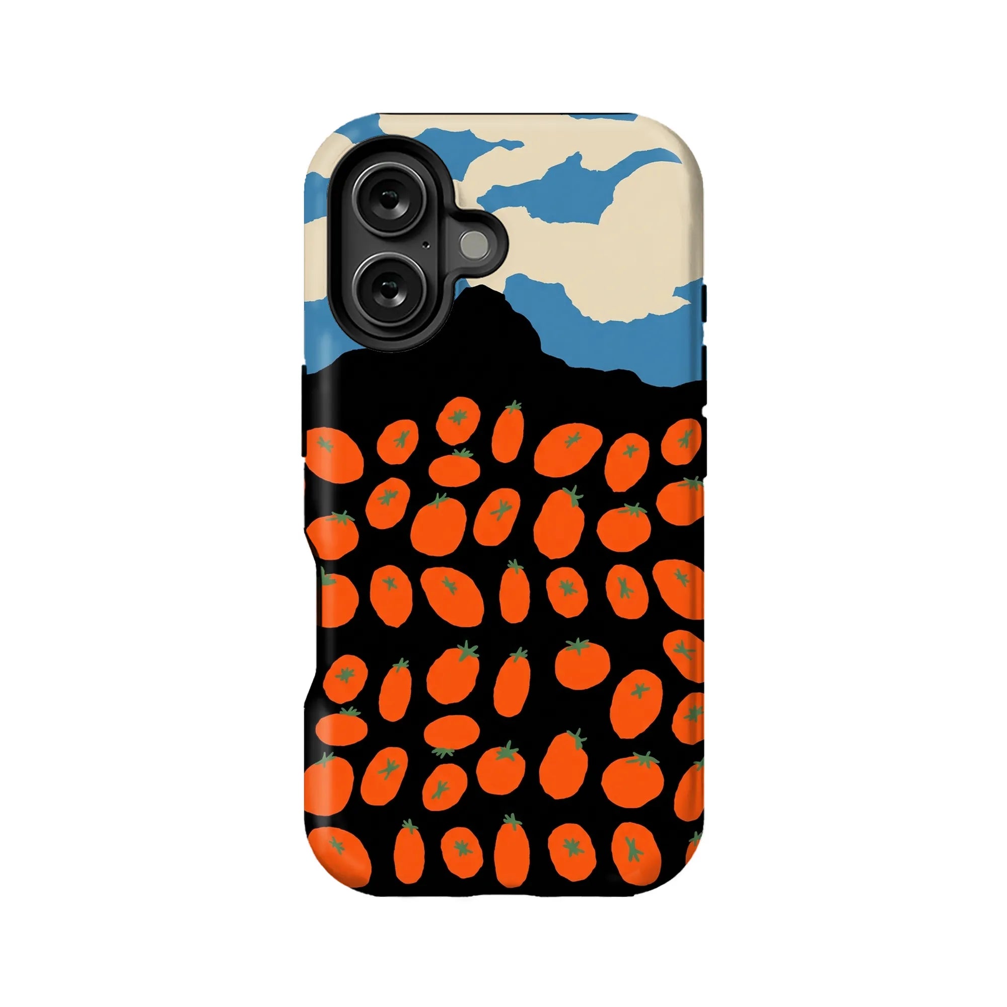 Black phone case with orange tomato pattern and blue cream landscape, rear view
