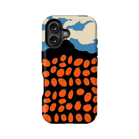 Black phone case with orange tomato pattern and blue cream landscape, rear view